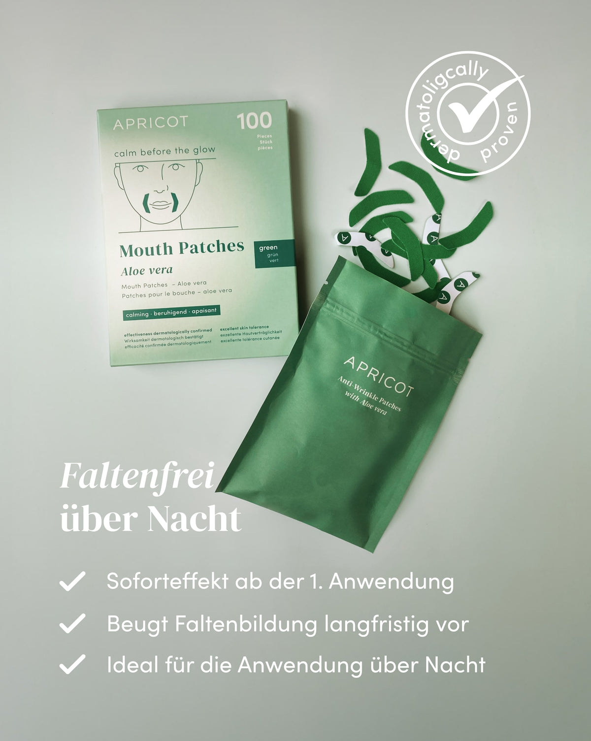 APRICOT Mund Patches mit Aloe vera, ideal für die Anwendung über Nacht zur langfristigen Vorbeugung der Faltenbildung