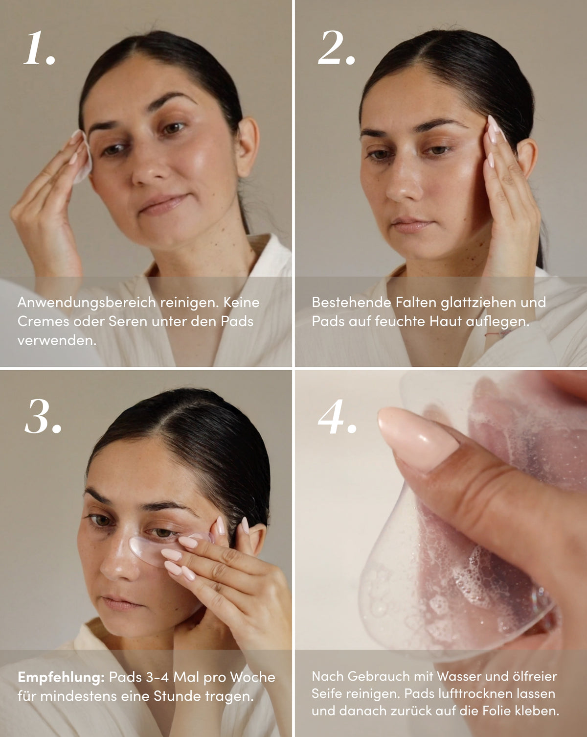 Anwendung der APRICOT Silikon-Augenpads mit Hyaluron an der Augenpartie