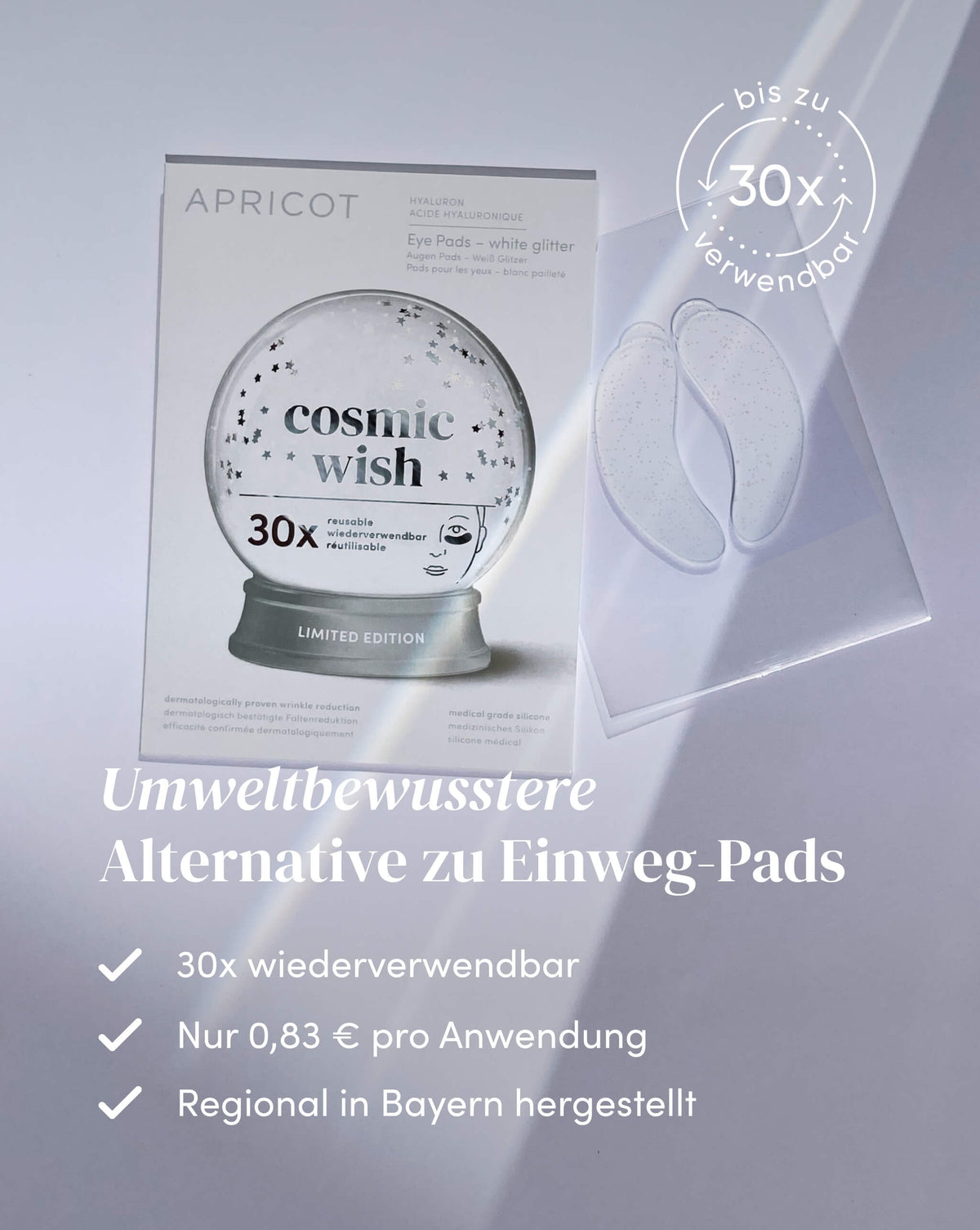 Wiederverwendbare APRICOT Silikon-Augenpads mit Hyaluron, bis zu 30 Anwendungen