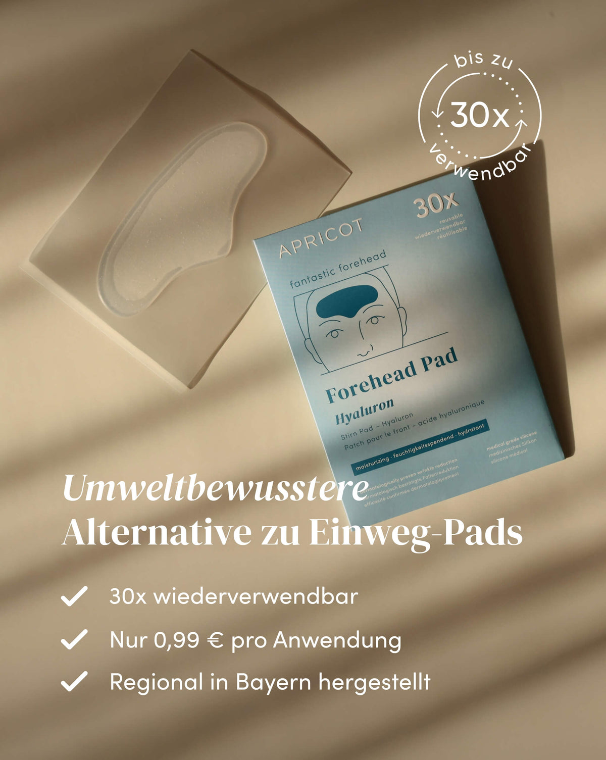Wiederverwendbares APRICOT Silikon-Stirn Pad mit Hyaluron, bis zu 30 Anwendungen