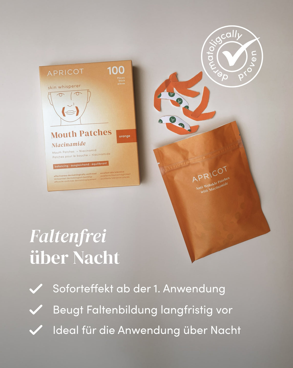 APRICOT Mund Patches mit Niacinamid, ideal für die Anwendung über Nacht zur langfristigen Vorbeugung der Faltenbildung